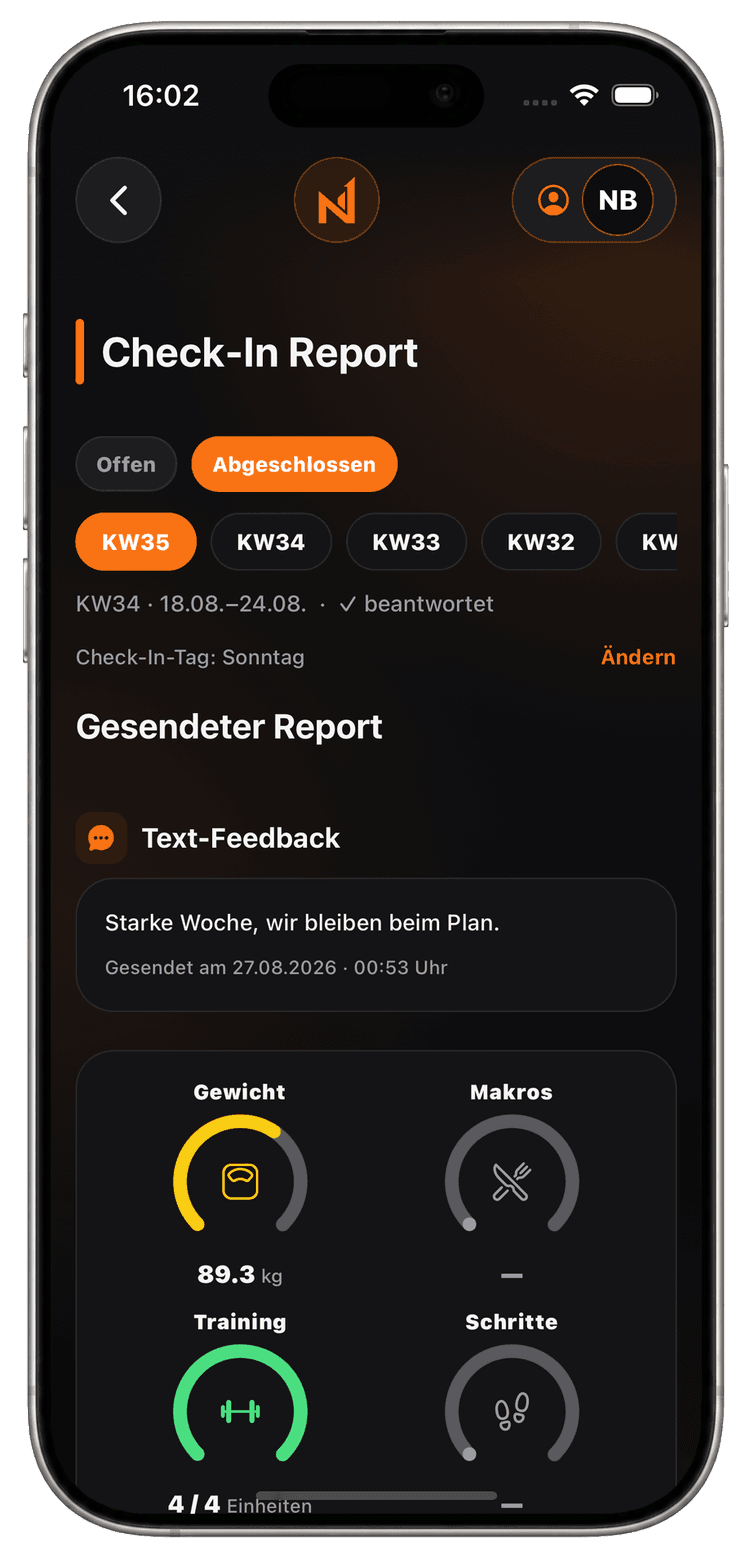 Check-In-Report in der Coach-App mit gesendetem Feedback und den Werten der Woche