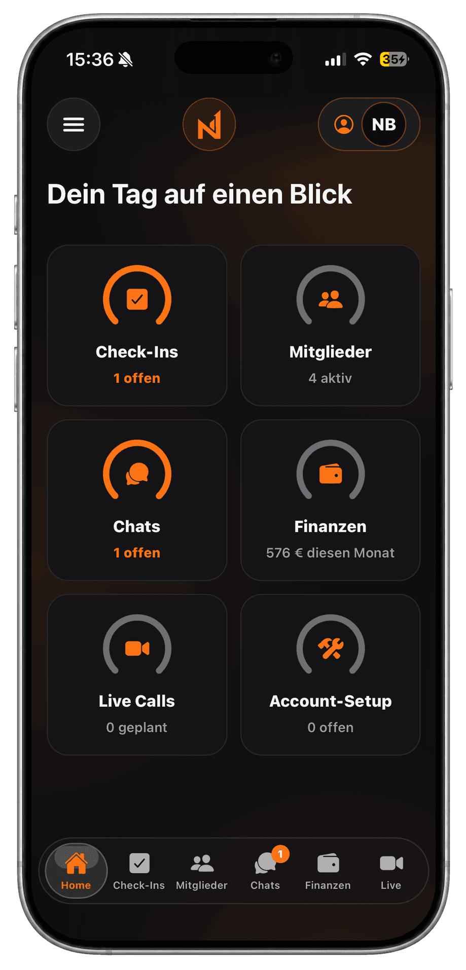FCS Coach App: Übersicht mit offenen Check-Ins, Chats, Mitgliedern und dem Umsatz des Monats