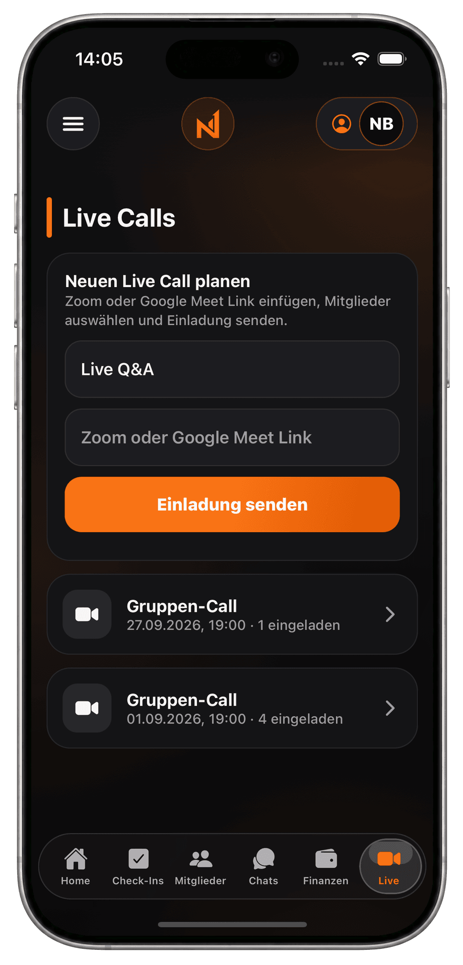 Live Calls in der Coach-App: Termin anlegen, Meeting-Link hinterlegen und die geplanten Calls