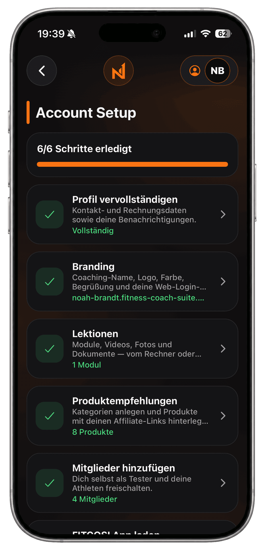 Account-Setup in der Coach-App mit sechs erledigten Schritten