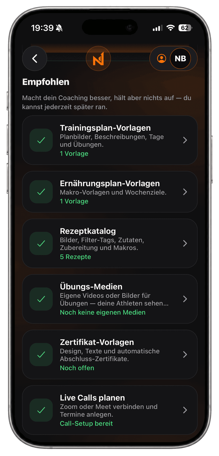 Vorlagen und Kataloge in der Coach-App: Trainings- und Ernährungspläne, Rezepte, Übungs-Medien, Zertifikate