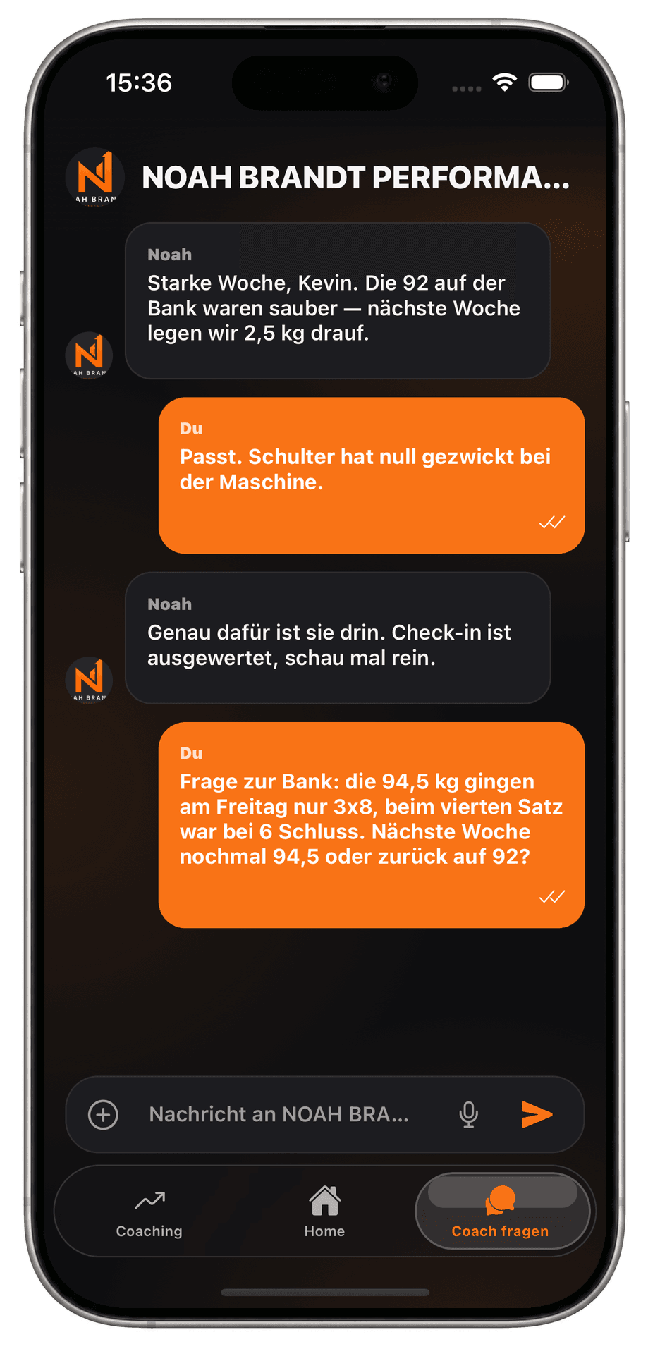Chatverlauf mit dem Coach in der Mitglieder-App