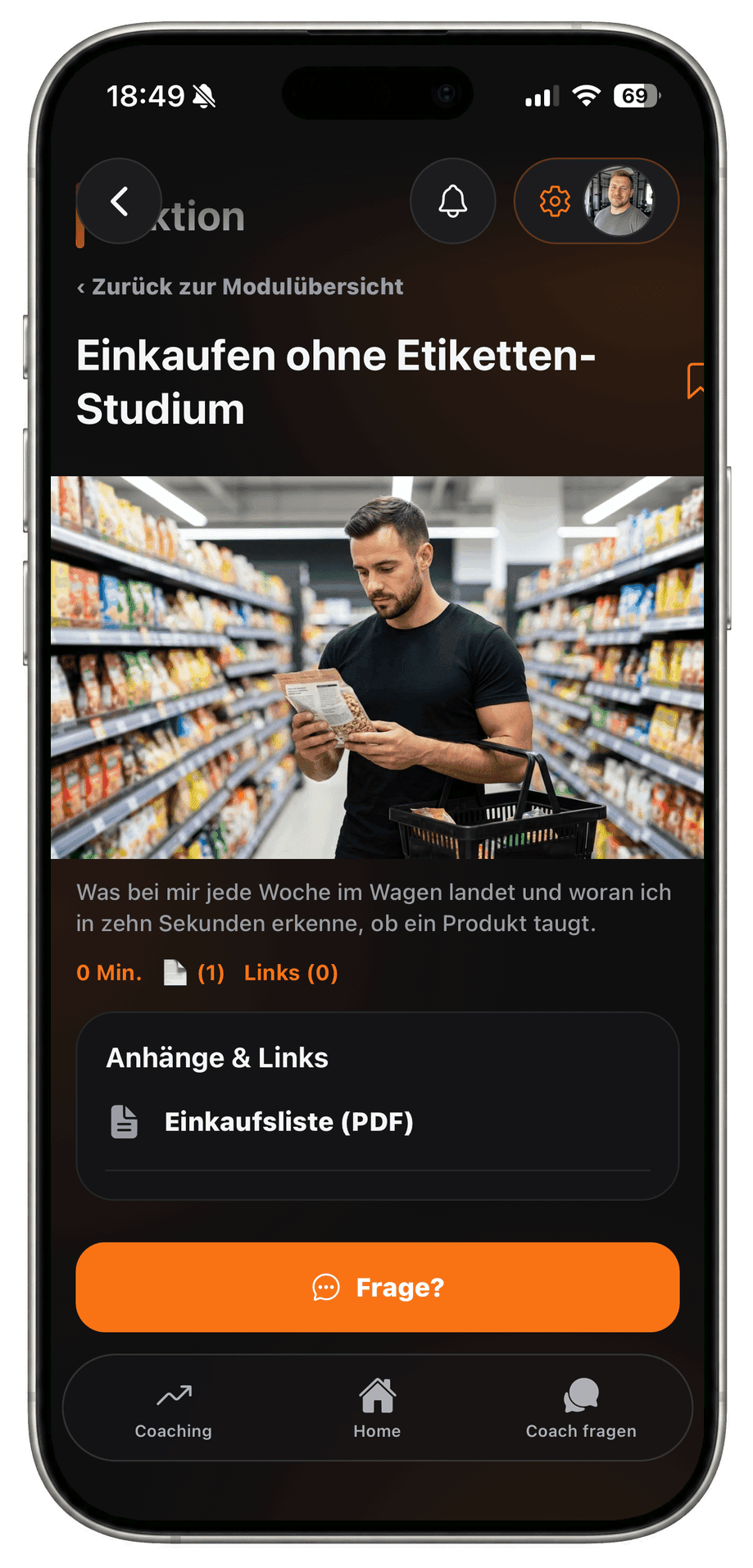 Athleten-App: Lektion aus Bild und Text mit angehängtem PDF, ganz ohne Video