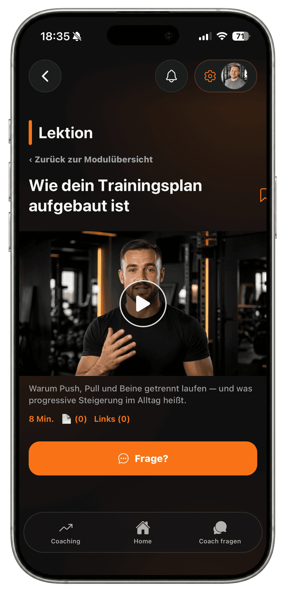 Athleten-App: Lektion mit Video, Beschreibung, Dauer und Knopf für eine Rückfrage an den Coach