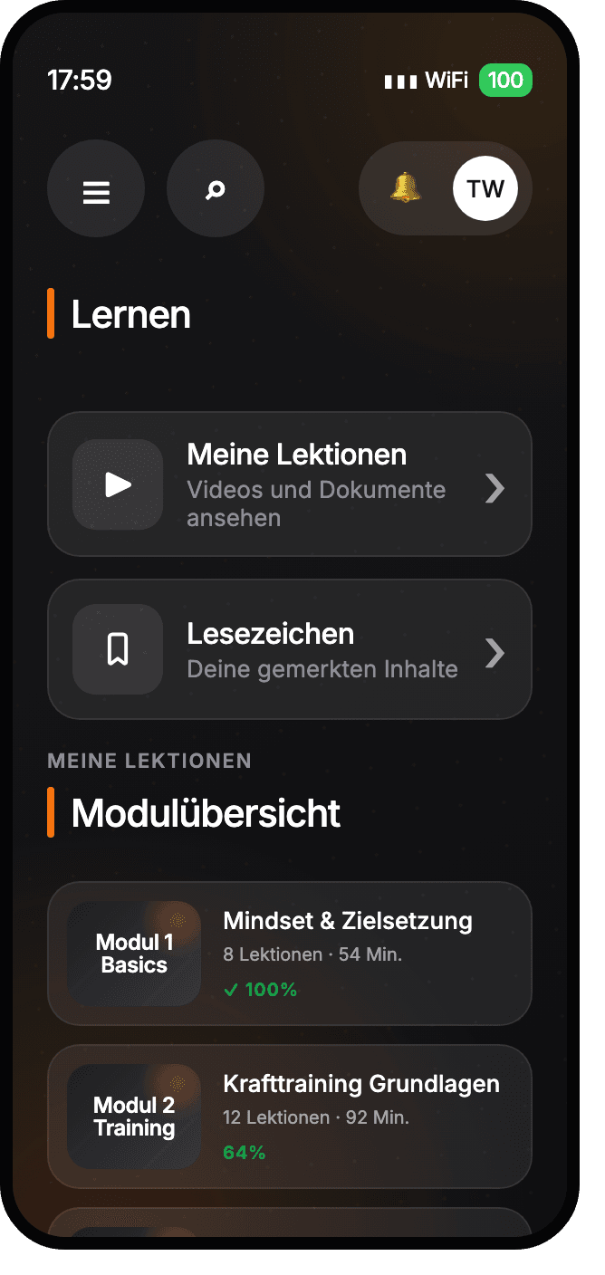 Lernbereich mit Video-Lektionen in der Mitglieder-App
