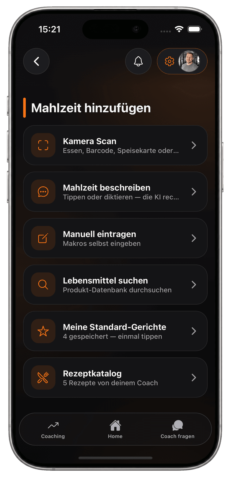 Die Wege, eine Mahlzeit einzutragen: Kamera-Scan, beschreiben, manuell, Lebensmittel suchen, Standard-Gerichte und Rezeptkatalog