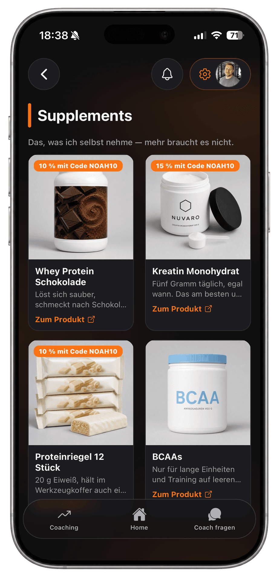 Athleten-App: die geöffnete Kategorie Supplements mit vier Produkten, Rabattcode-Kennzeichnung und Link zum Produkt