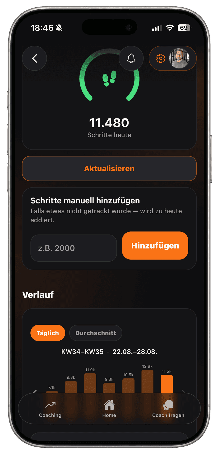 Schrittzähler der Mitglieder-App mit dem Tagesziel des Coaches