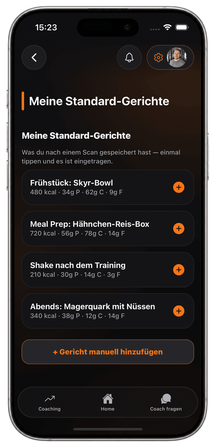 Gespeicherte Standard-Gerichte in der Mitglieder-App, mit einem Tipp eingetragen