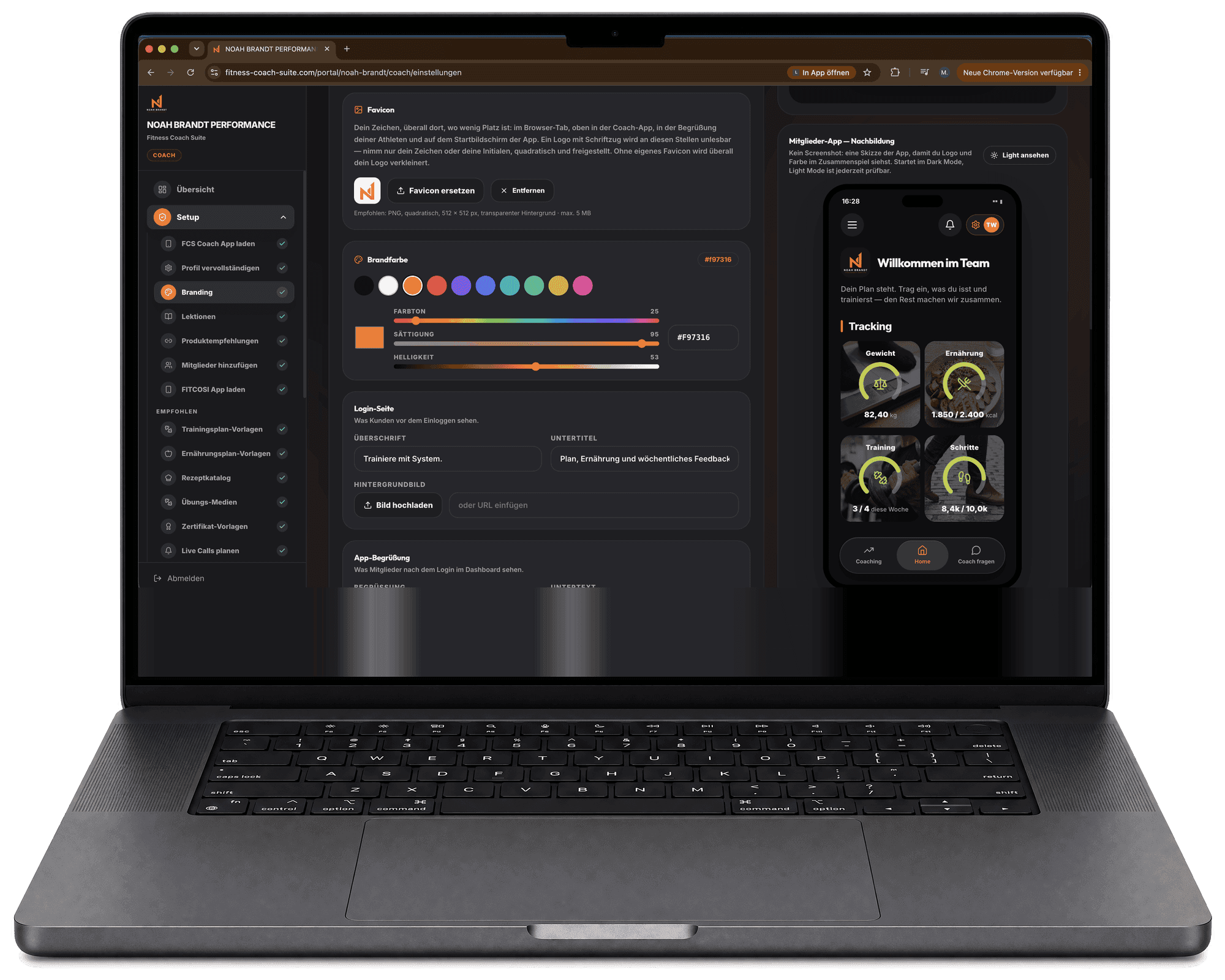 Coach-Portal: die Setup-Liste mit den sieben Schritten, daneben Branding mit Logo, Farbe und der Vorschau der Login-Seite