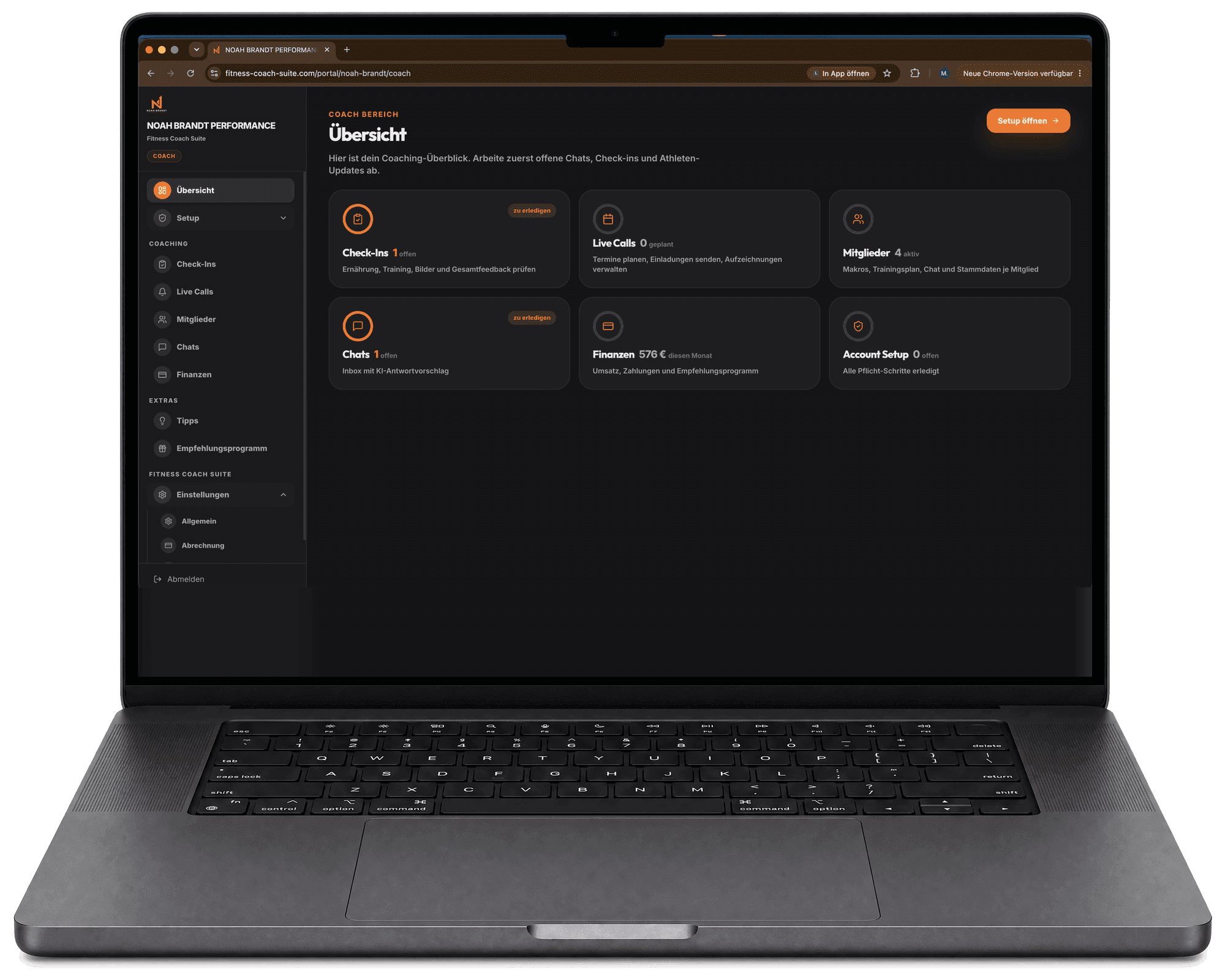 Coach-Portal im Browser: Übersicht mit offenen Check-Ins, geplanten Live Calls, aktiven Mitgliedern, ungelesenen Chats und dem Umsatz des Monats