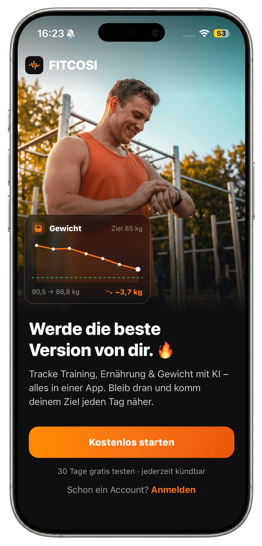 Startbildschirm der FITCOSI App mit Gewichtsverlauf 90,5 auf 86,8 kg und dem Button Kostenlos starten