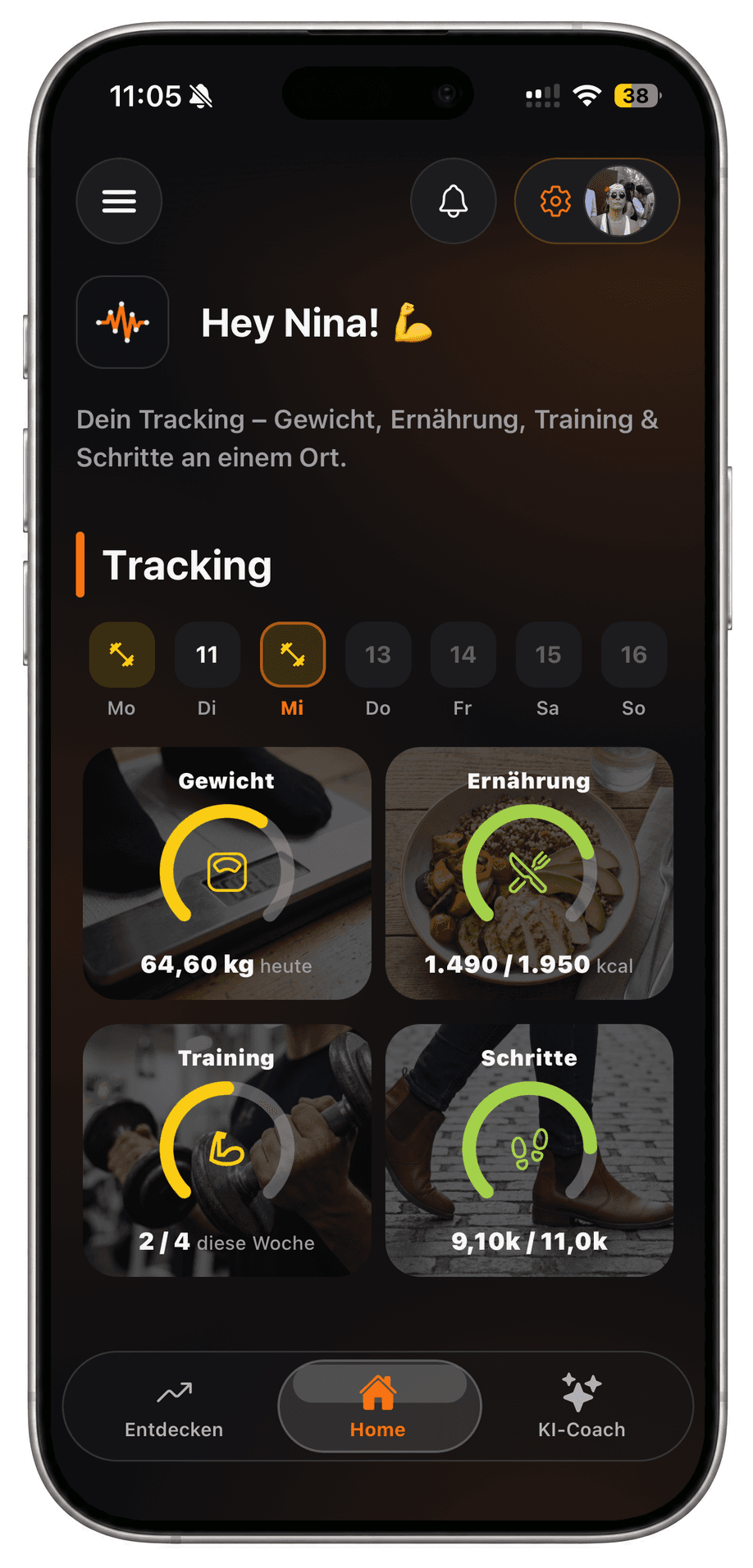 FITCOSI Startbildschirm: Ringe für Gewicht 64,60 kg, Ernährung 1.490 von 1.950 kcal, 2 von 4 Trainings und 9,10k von 11,0k Schritten