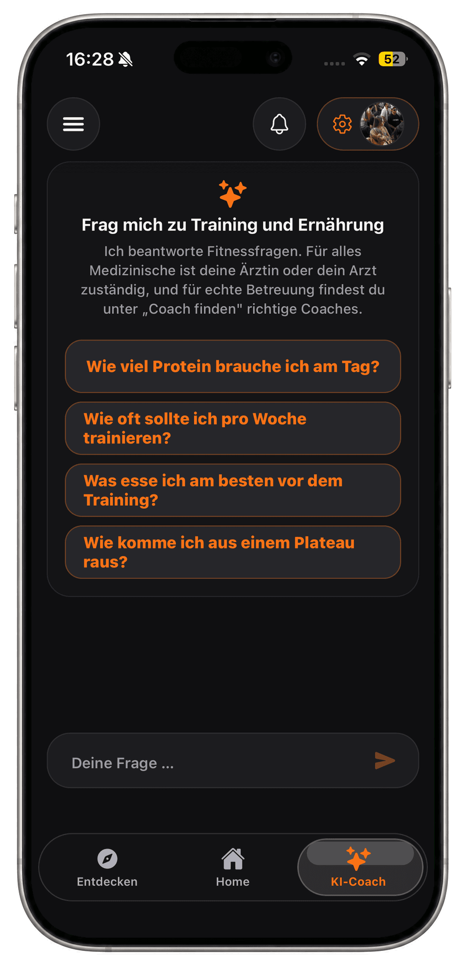 KI-Coach in FITCOSI beantwortet Fragen zu Training und Ernährung