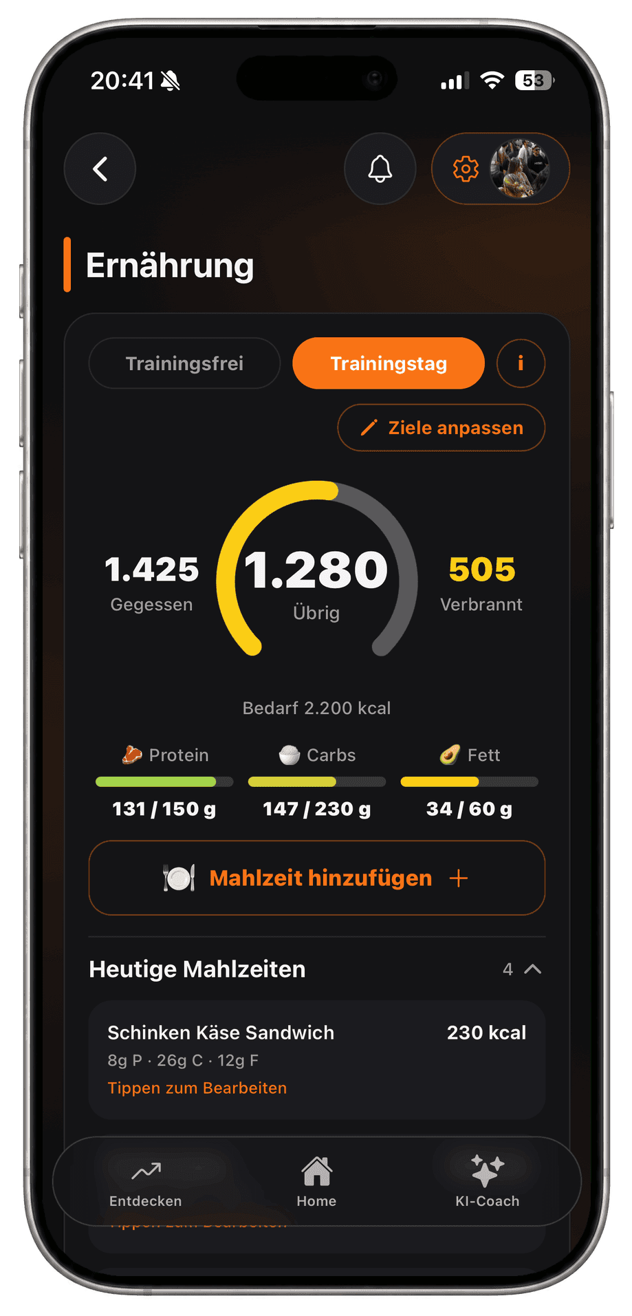 Tagesziele in FITCOSI am Trainingstag: 1.425 kcal gegessen, 1.280 übrig, 505 verbrannt bei einem Bedarf von 2.200 kcal, dazu 131 von 150 g Protein, 147 von 230 g Kohlenhydrate und 34 von 60 g Fett