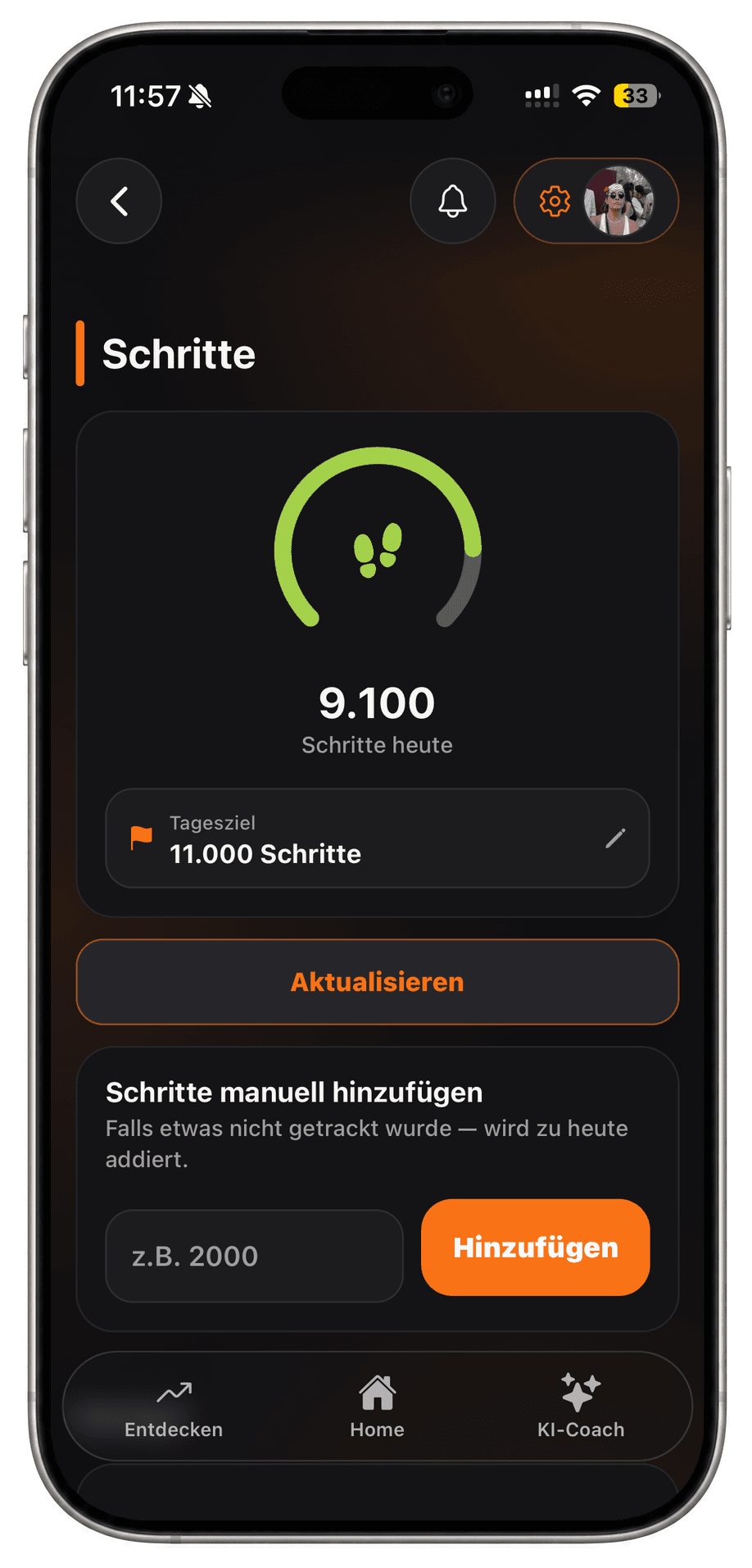 Schrittzähler in FITCOSI mit 9.100 Schritten heute und Tagesziel 11.000 Schritte