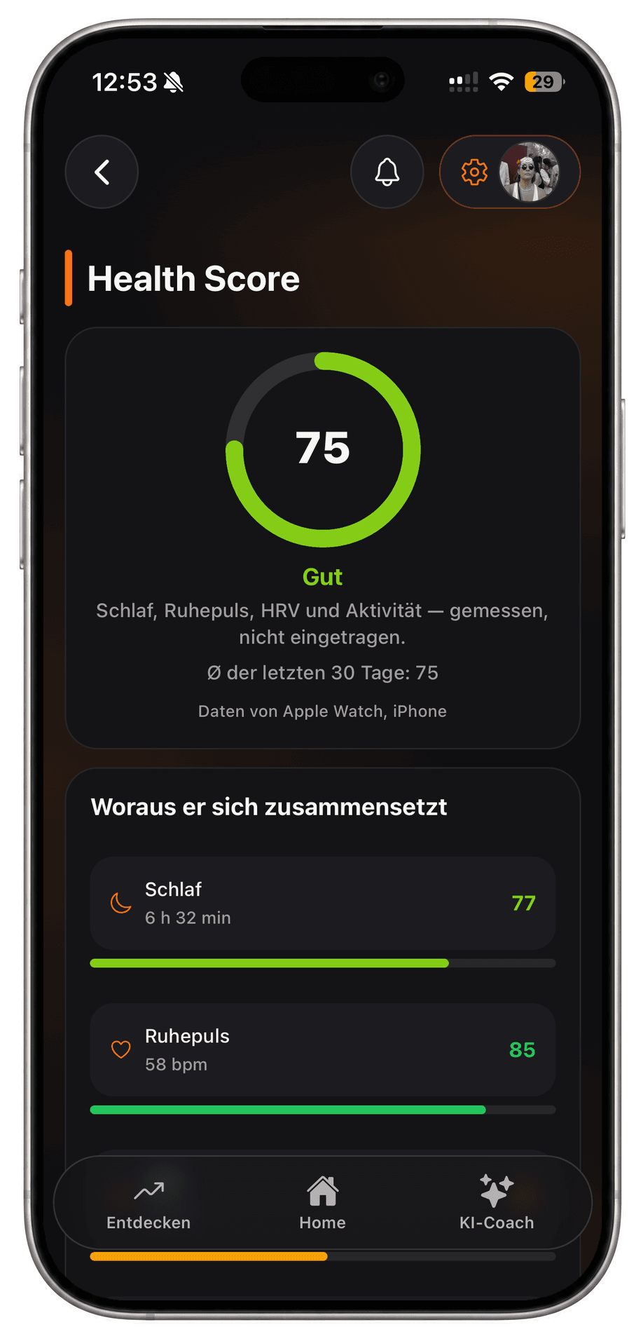 Health Score 75 von 100 in FITCOSI, gemessen aus Schlaf 6 h 32 min, Ruhepuls 58 bpm, HRV und Aktivität