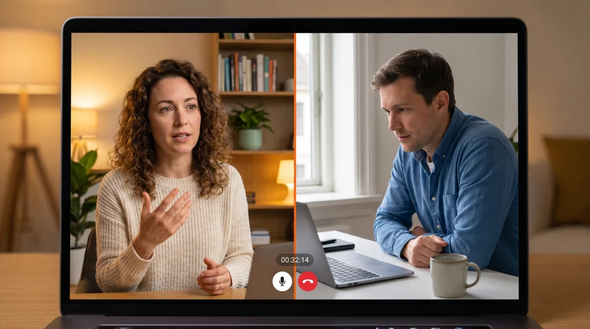 Videocall zwischen Coach und Kundin auf einem Notebook