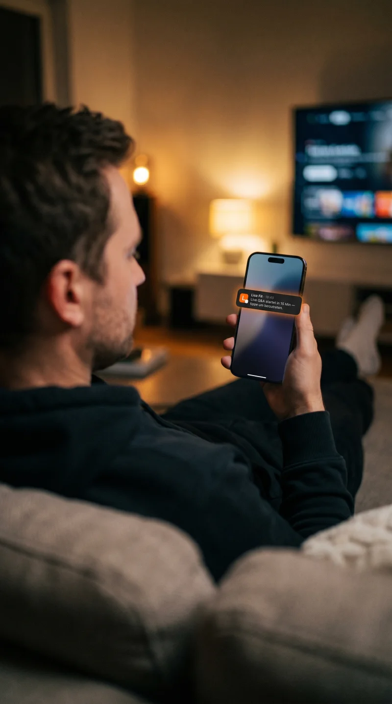 Mitglied entdeckt die Push-Notification von Lisa Fit auf dem Sperrbildschirm seines iPhones — gemütlich auf der Couch am Abend.