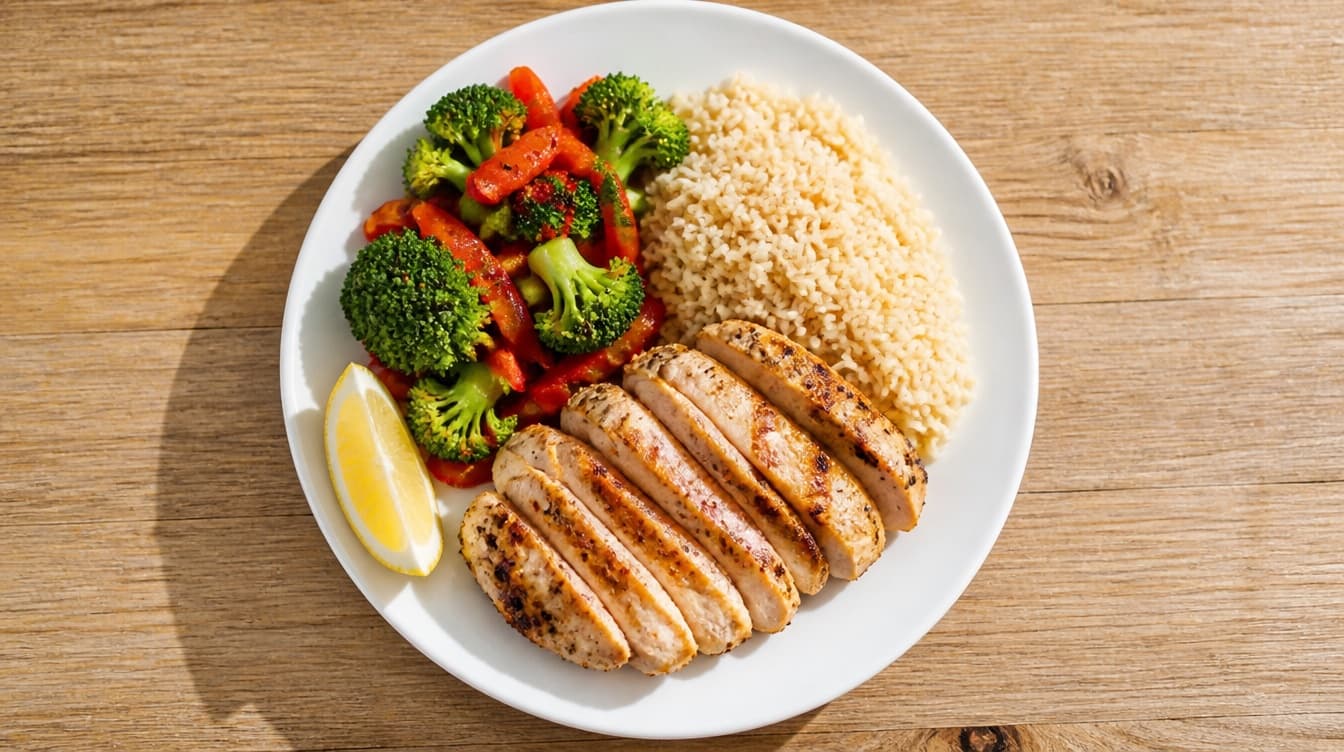 Teller mit Hähnchen, Reis, Brokkoli und Paprika, von oben fotografiert