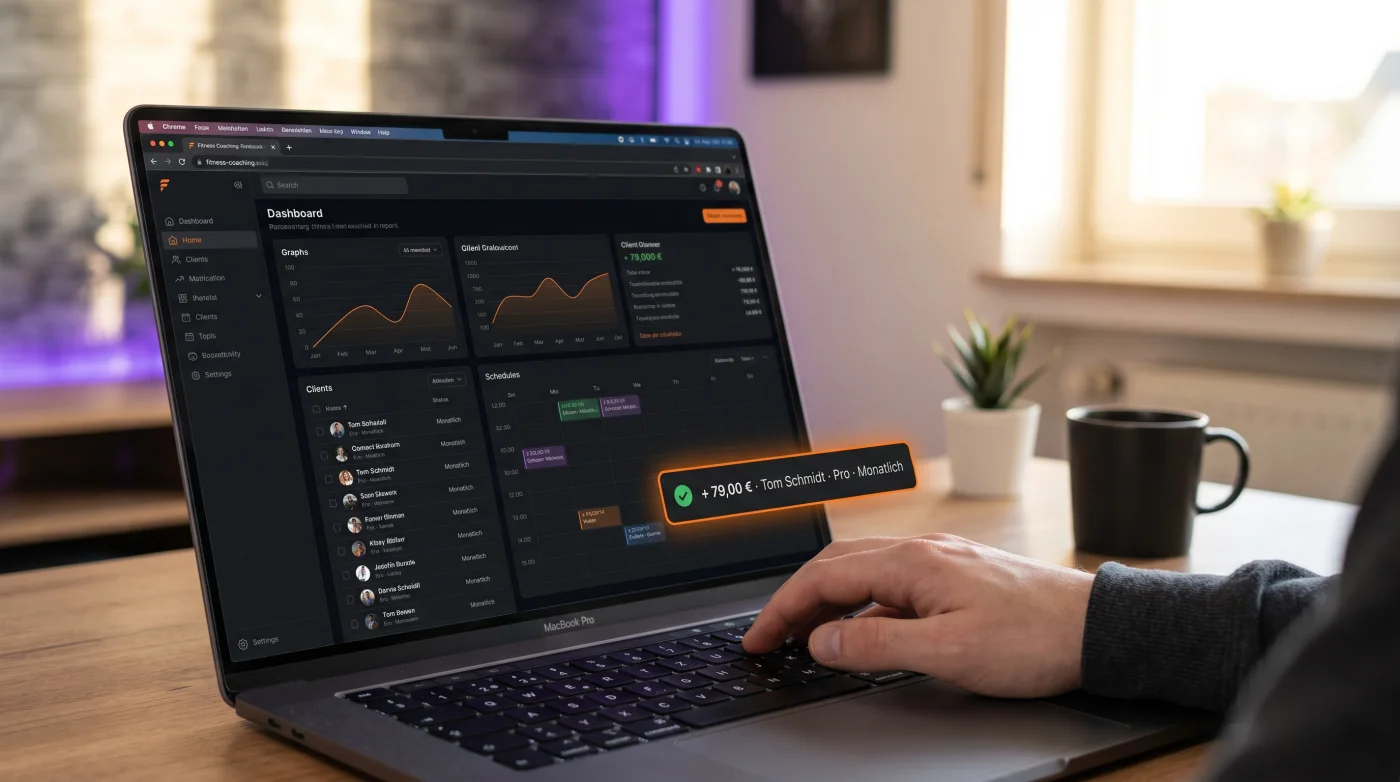 Coach am MacBook erhält eine Stripe-Zahlungsbestätigung — neue 79 € Pro-Mitgliedschaft von Tom Schmidt direkt im Dashboard sichtbar.