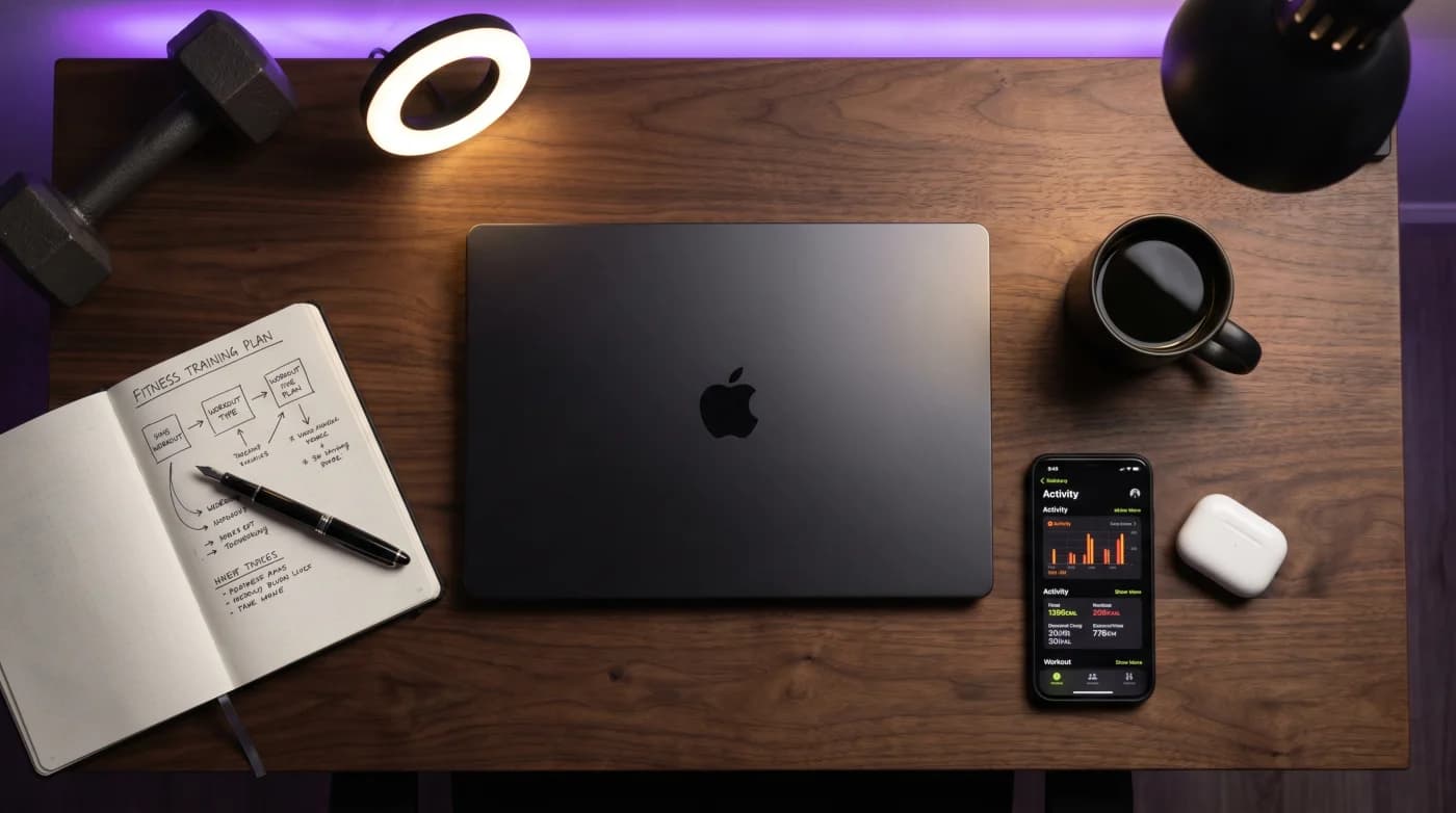 Top-Down-Aufnahme eines Coach-Workspaces mit MacBook, Notebook, Trainings-Skizzen, iPhone mit Aktivitäts-Dashboard und Ringlicht — der Setup eines erfolgreichen Online-Fitness-Coaches.