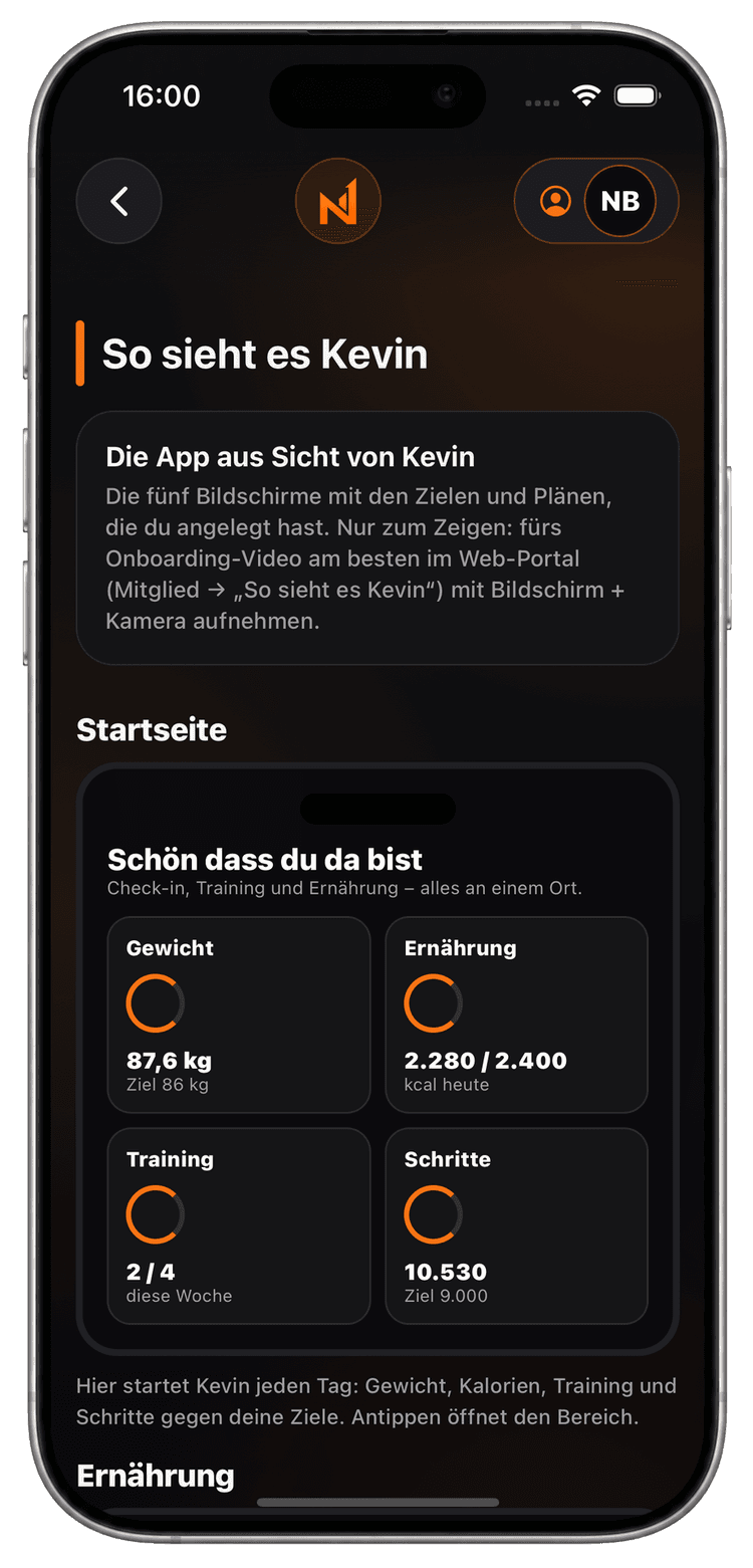 Die App aus Sicht des Athleten, in der Coach-App zum Zeigen