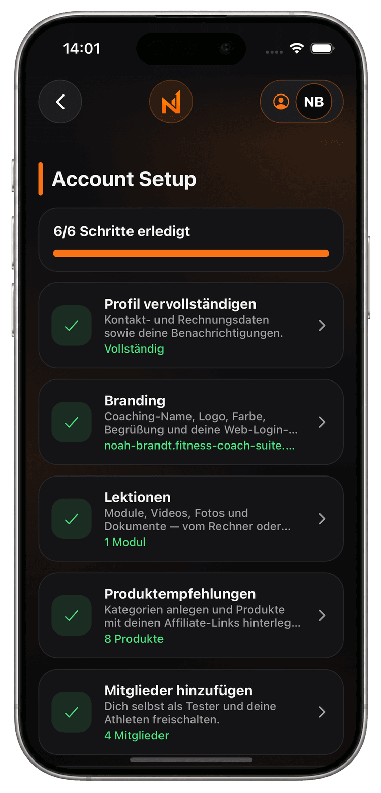 Account-Setup in der Coach-App mit sechs erledigten Schritten