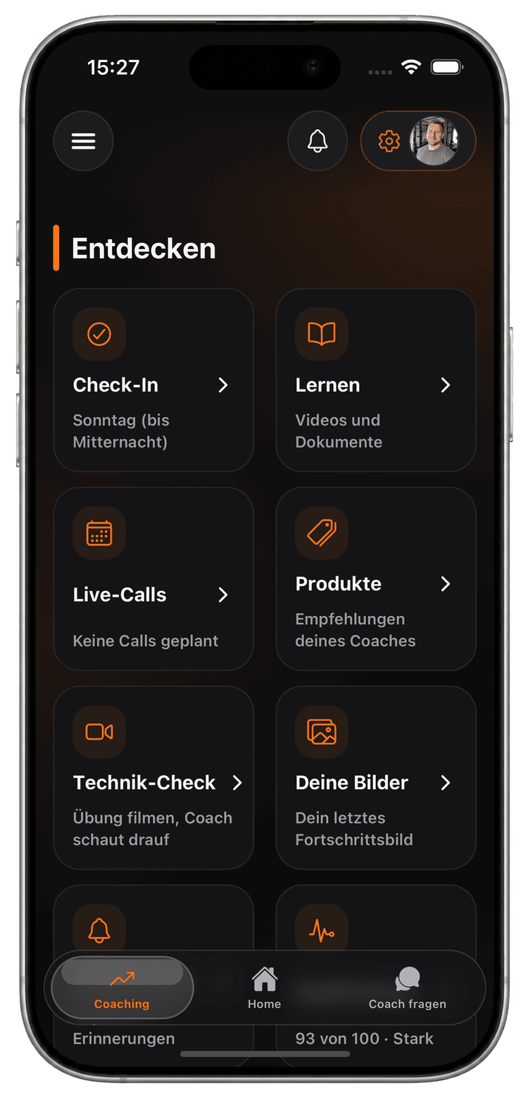 Entdecken-Bereich der Mitglieder-App mit Check-In, Lernen, Live-Calls, Produkten, Technik-Check und Health Score