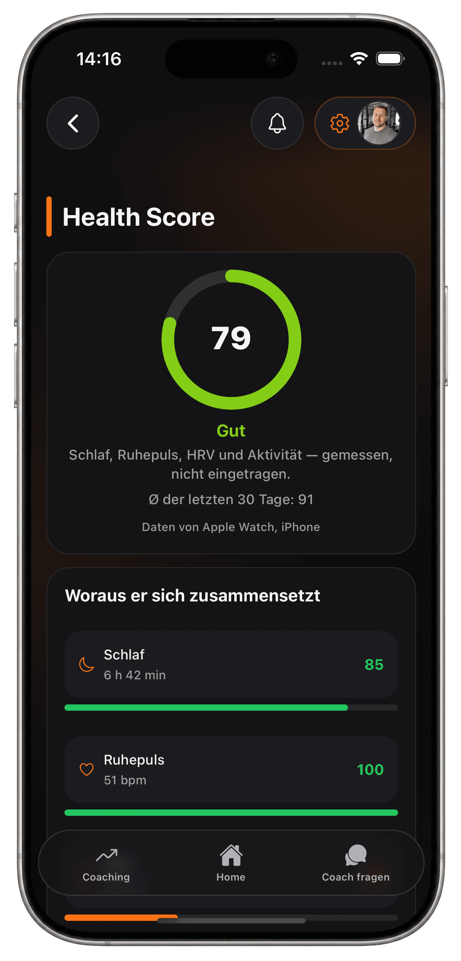 Health Score in der Mitglieder-App, aus Schlaf, Ruhepuls, HRV und Aktivität