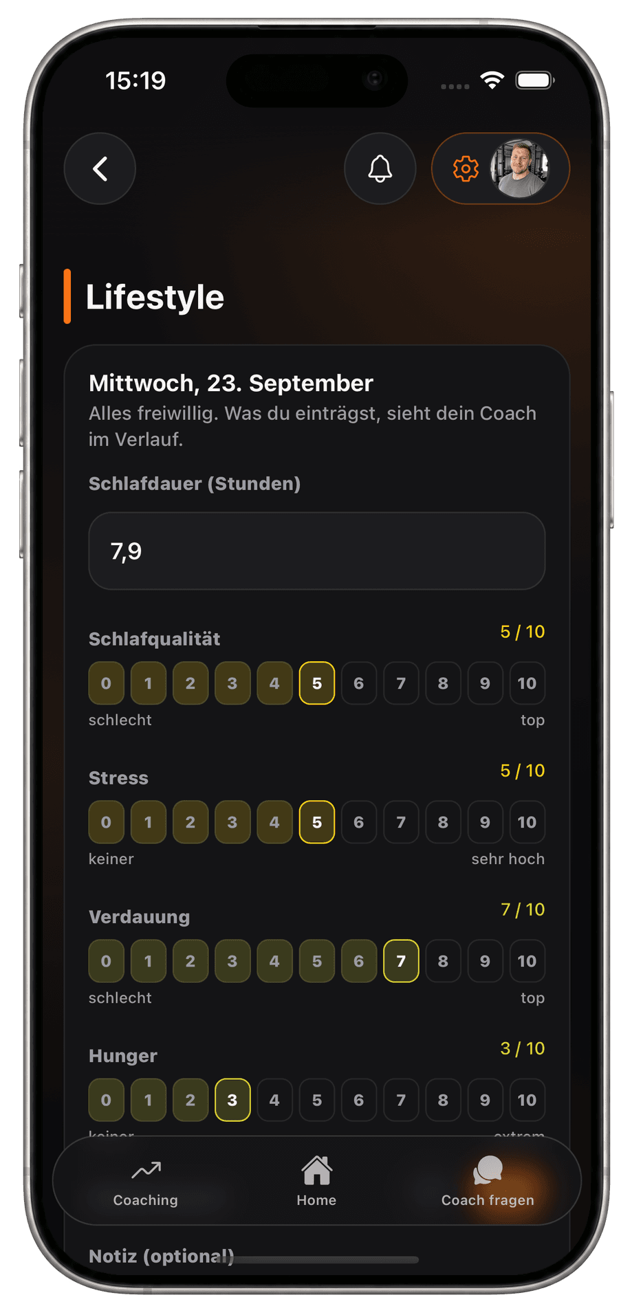 Lifestyle-Eintrag in der Mitglieder-App: Schlafdauer, Schlafqualität, Stress, Verdauung und Hunger auf einer Skala von 0 bis 10